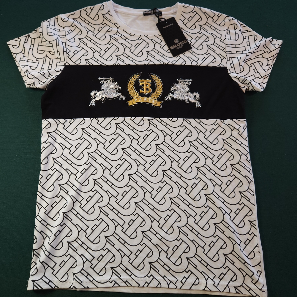 Moda & Pritex TB Paris Knight Embellished T-Shirt New With Tags White/Black Mono